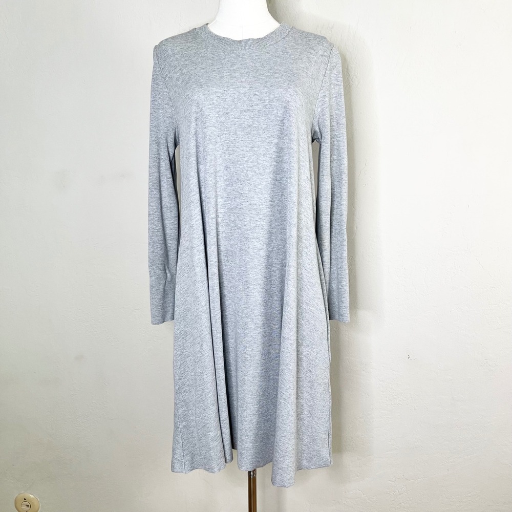 COS Gray Long Sleeve A-Line T-Shirt Dress Knee Length Raw Hem Size Medium Grey